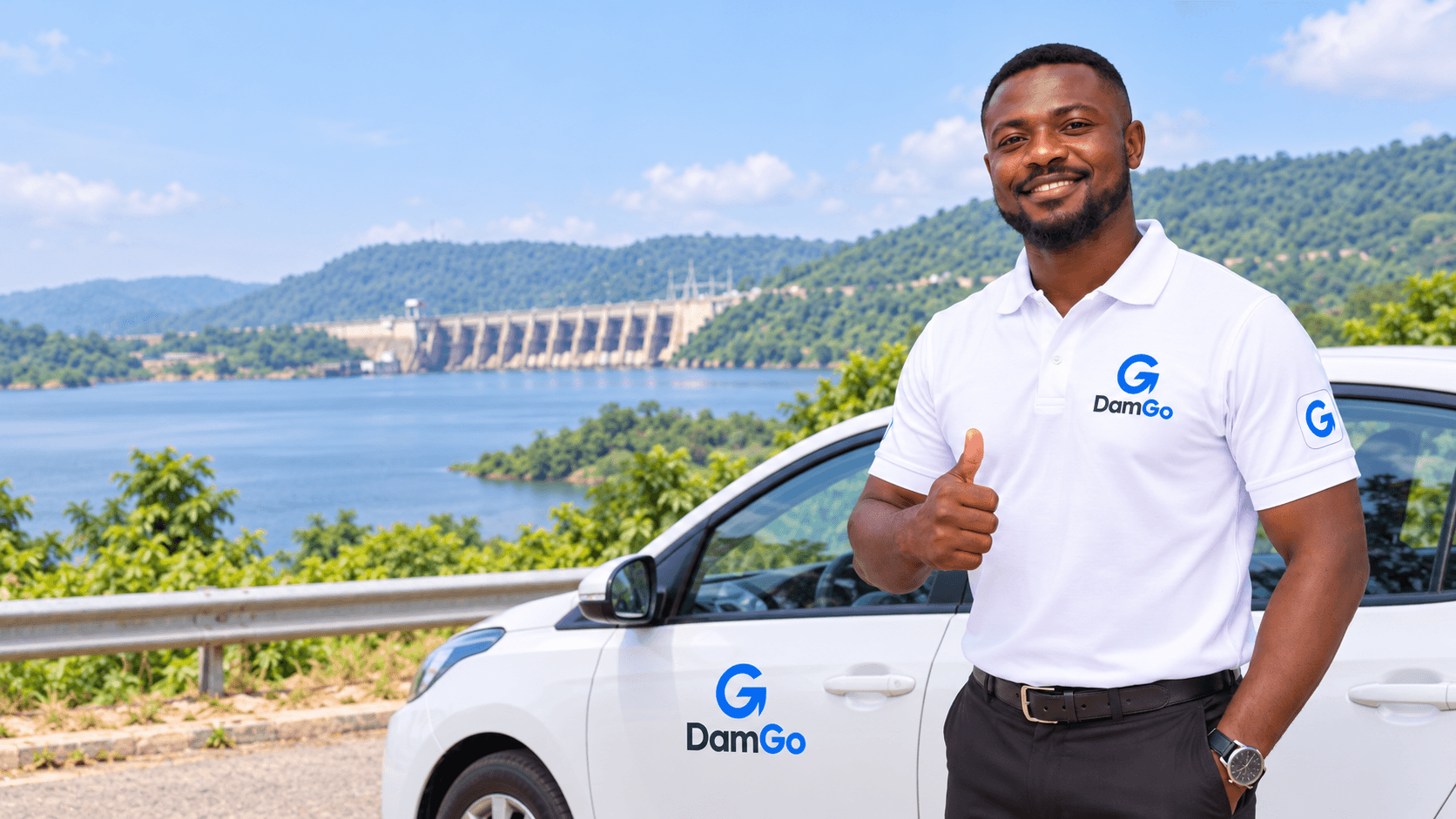 DamGo partner beside a branded car overlooking the lake at Akosombo