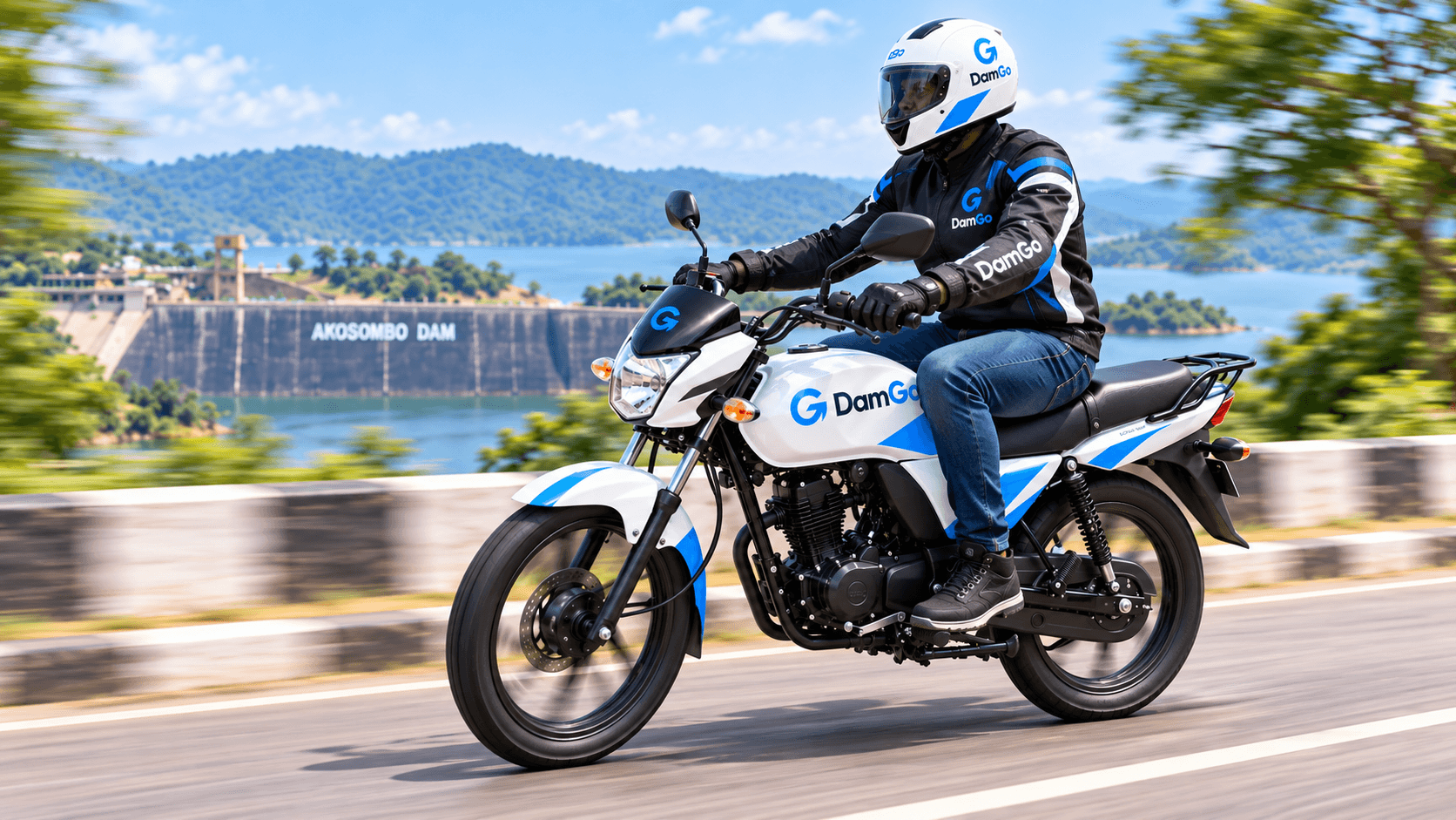 A helmeted motorbike rider with DamGo branding